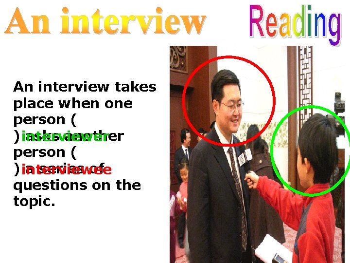 An interview takes place when one person ( ) interviewer asks another person (