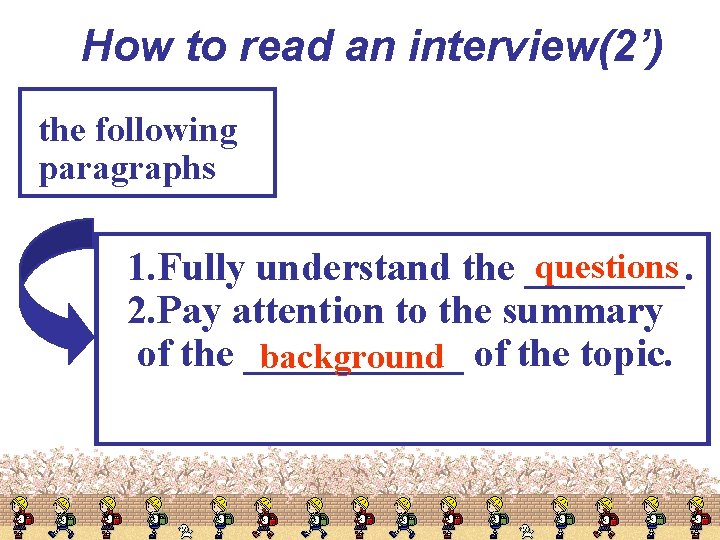 How to read an interview(2’) the following paragraphs questions 1. Fully understand the ____.