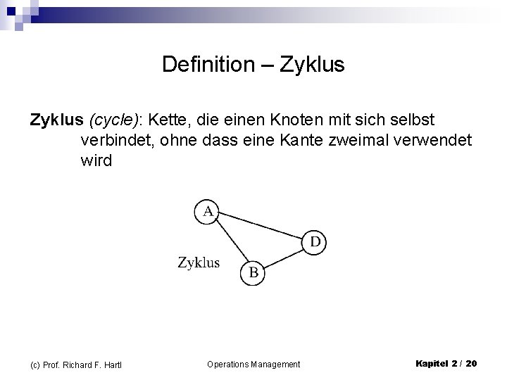 Definition – Zyklus (cycle): Kette, die einen Knoten mit sich selbst verbindet, ohne dass