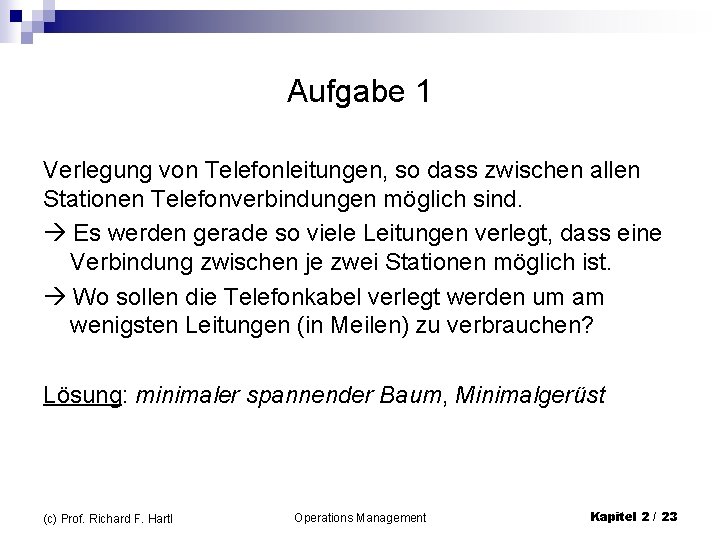 Aufgabe 1 Verlegung von Telefonleitungen, so dass zwischen allen Stationen Telefonverbindungen möglich sind. Es