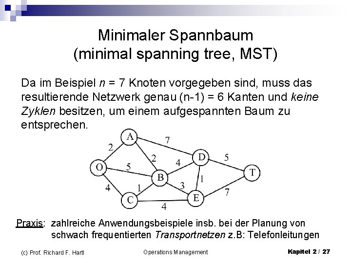 Minimaler Spannbaum (minimal spanning tree, MST) Da im Beispiel n = 7 Knoten vorgegeben