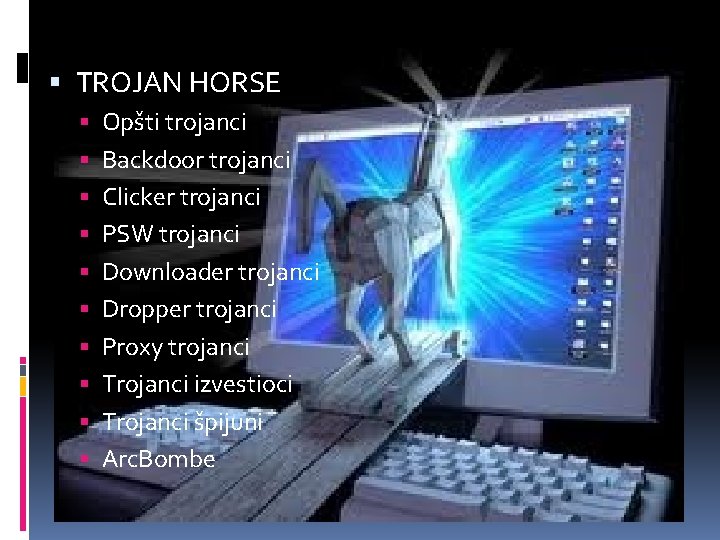  TROJAN HORSE Opšti trojanci Backdoor trojanci Clicker trojanci PSW trojanci Downloader trojanci Dropper