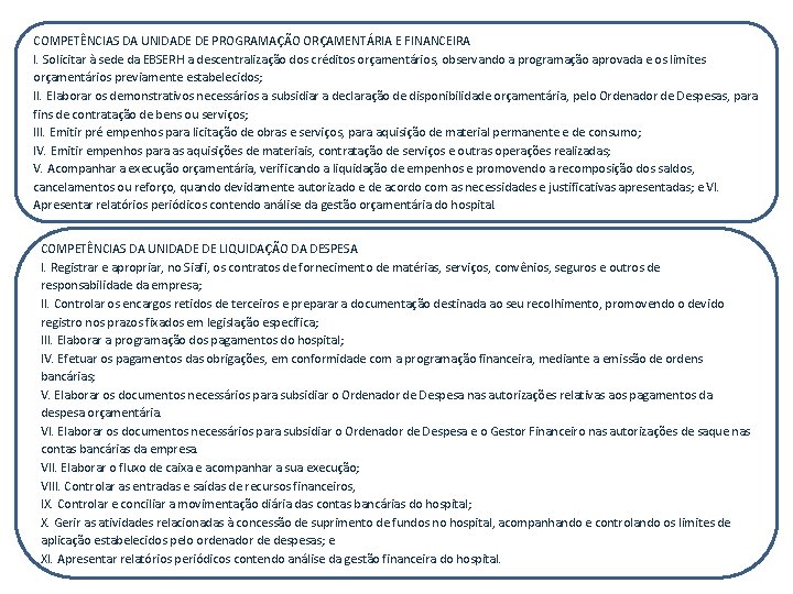 COMPETÊNCIAS DA UNIDADE DE PROGRAMAÇÃO ORÇAMENTÁRIA E FINANCEIRA I. Solicitar à sede da EBSERH