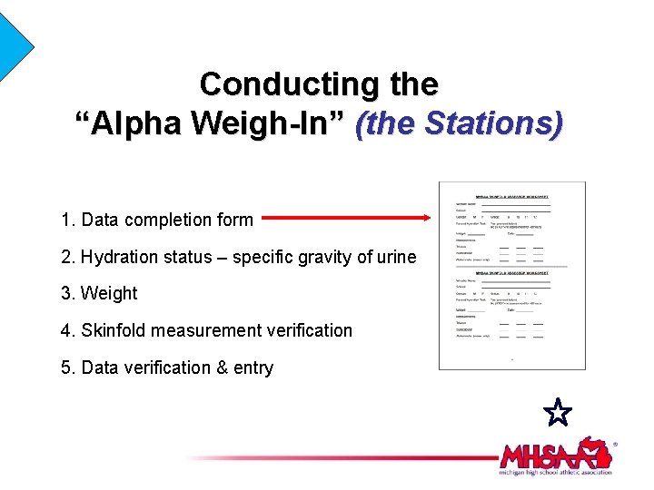 Conducting the “Alpha Weigh-In” (the Stations) 1. Data completion form 2. Hydration status –