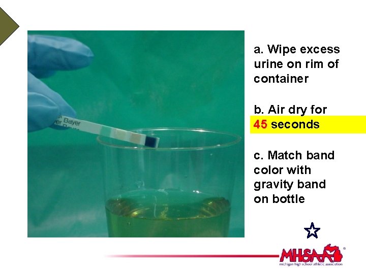 a. Wipe excess urine on rim of container b. Air dry for 45 seconds