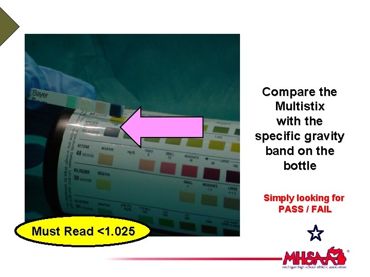 Compare the Multistix with the specific gravity band on the bottle Simply looking for