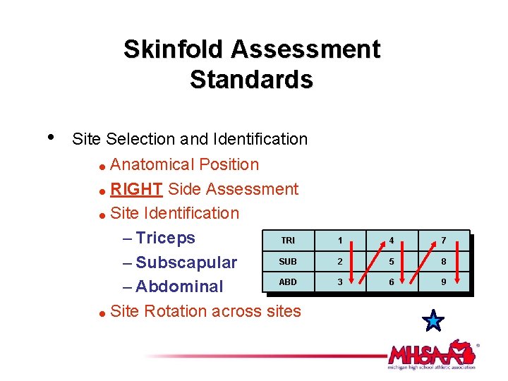 Skinfold Assessment Standards • Site Selection and Identification Anatomical Position = RIGHT Side Assessment