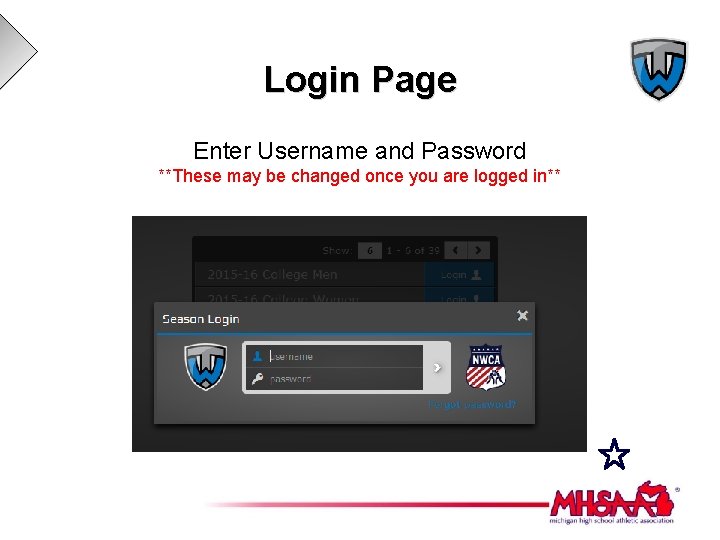 Login Page Enter Username and Password **These may be changed once you are logged