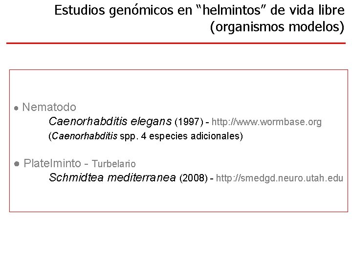 Estudios genómicos en “helmintos” de vida libre (organismos modelos) Genomas de: ● Nematodo Caenorhabditis