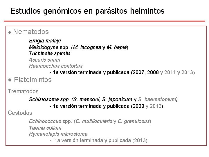 Estudios genómicos en parásitos helmintos ● Nematodos Brugia malayi Meloidogyne spp. (M. incognita y