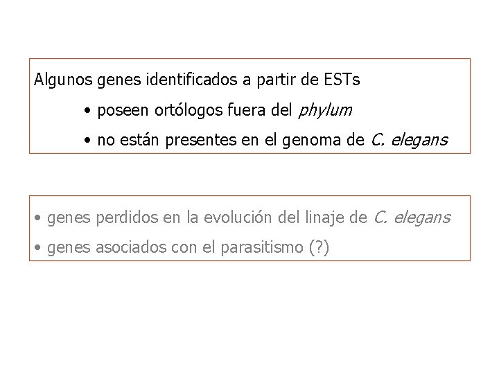 Algunos genes identificados a partir de ESTs • poseen ortólogos fuera del phylum •