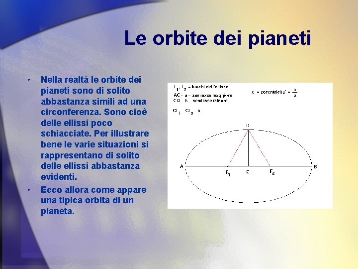 Le orbite dei pianeti • • Nella realtà le orbite dei pianeti sono di