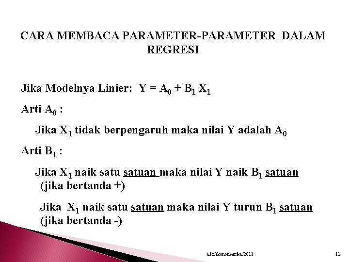 CARA MEMBACA PARAMETER-PARAMETER DALAM REGRESI Jika Modelnya Linier: Y = A 0 + B