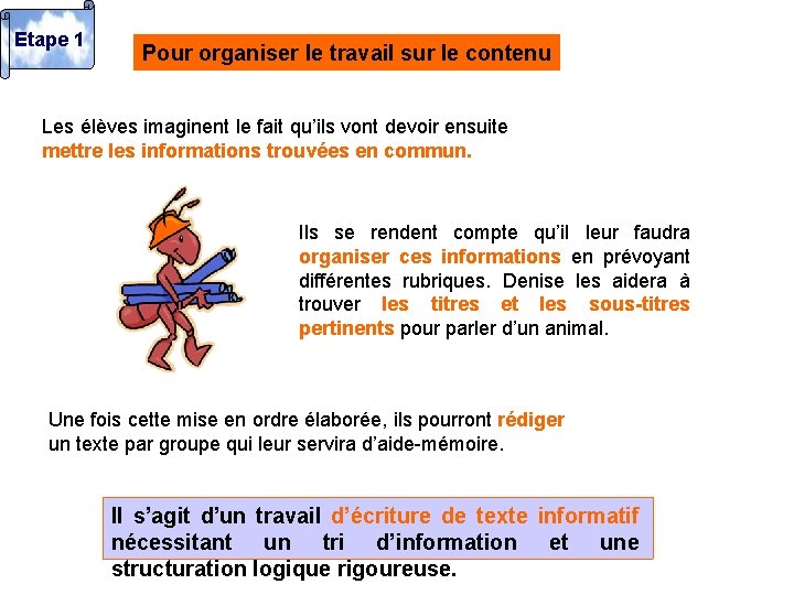 Etape 1 Pour organiser le travail sur le contenu Les élèves imaginent le fait