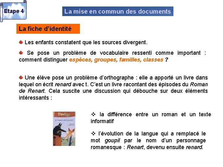 Etape 4 La mise en commun des documents La fiche d’identité Les enfants constatent