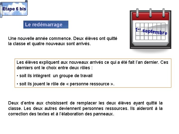 Etape 6 bis Le redémarrage 1 er septem bre Une nouvelle année commence. Deux