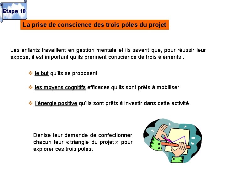 Etape 10 La prise de conscience des trois pôles du projet Les enfants travaillent