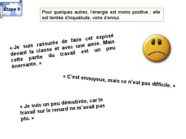 Etape 9 Pour quelques autres, l’énergie est moins positive : elle est teintée d’inquiétude,