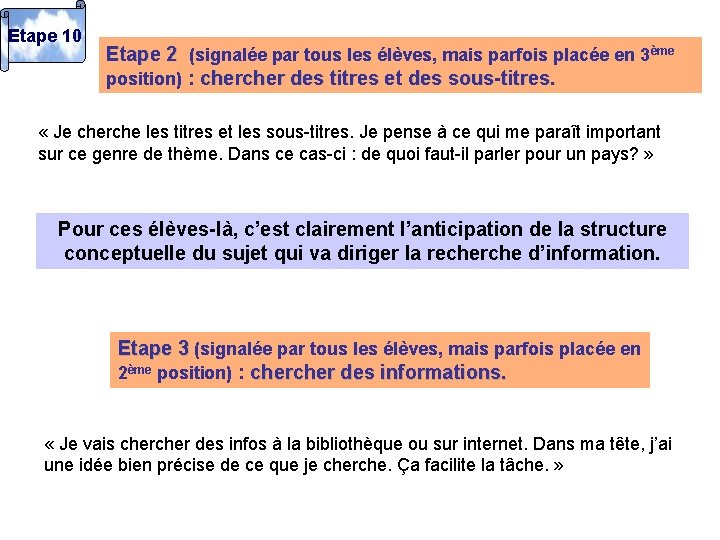 Etape 10 Etape 2 2 (signalée par tous les élèves, mais parfois placée en