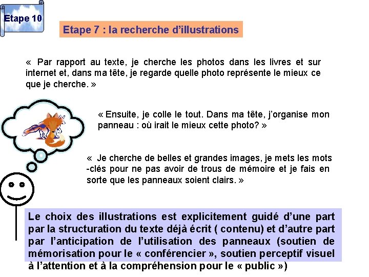 Etape 10 Etape 7 : la recherche d’illustrations « Par rapport au texte, je