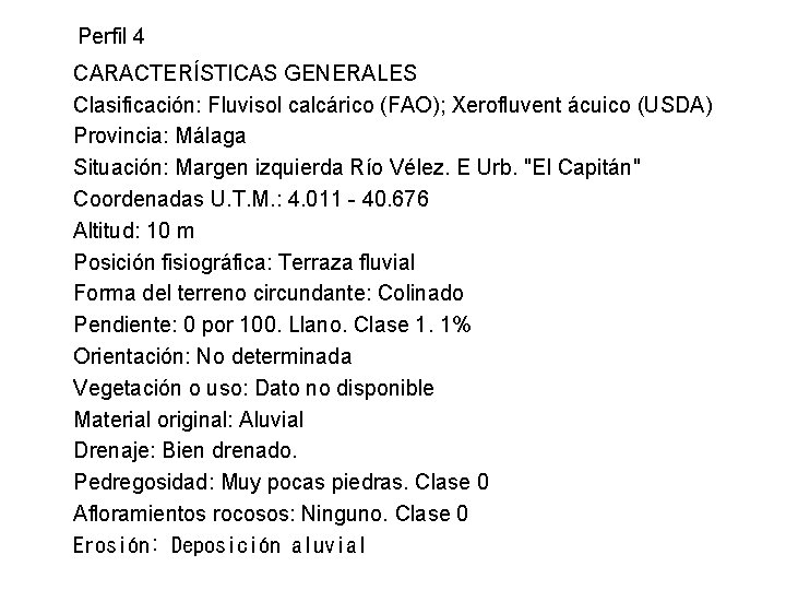 Perfil 14 Perfil CARACTERÍSTICAS GENERALES Clasificación: Fluvisol calcárico (FAO); Xerofluvent ácuico (USDA) Provincia: Málaga