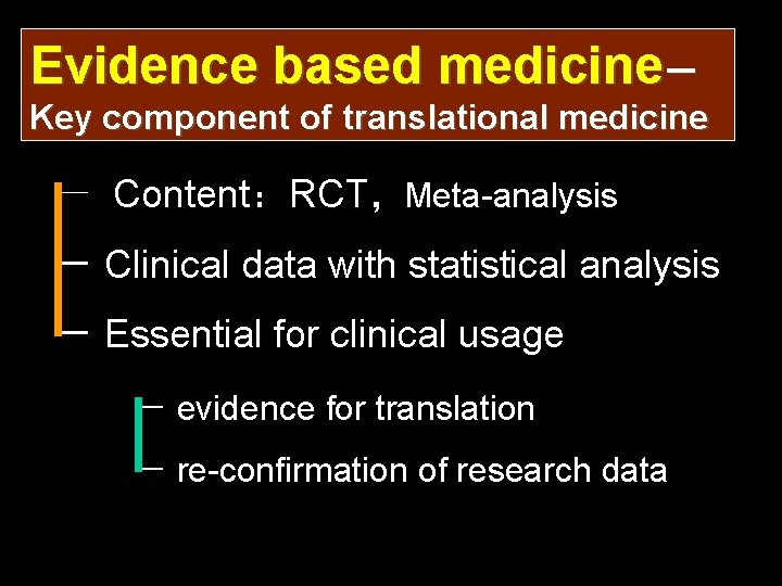 Evidence based medicine－ Key component of translational medicine － Content：RCT，Meta-analysis － Clinical data with