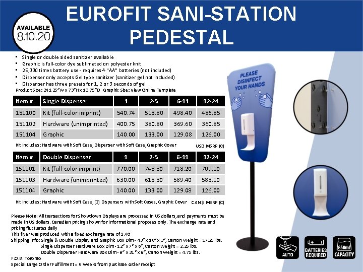 EUROFIT SANI-STATION PEDESTAL • • • Single or double sided sanitizer available Graphic is