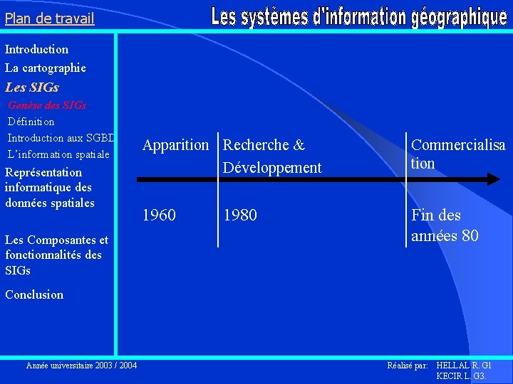 Plan de travail Introduction La cartographie Les SIGs Genèse des SIGs Définition Introduction aux