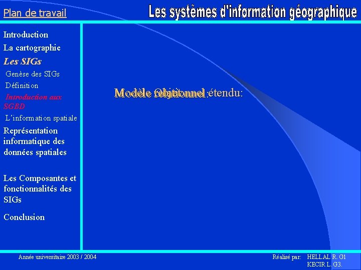Plan de travail Introduction La cartographie Les SIGs Genèse des SIGs Définition Introduction aux