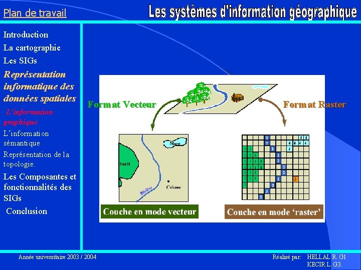 Plan de travail Introduction La cartographie Les SIGs Représentation informatique des données spatiales L’information