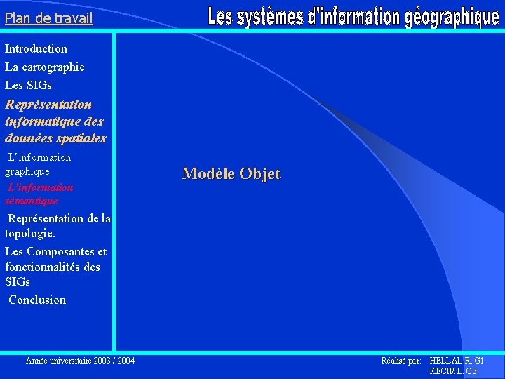 Plan de travail Introduction La cartographie Les SIGs Représentation informatique des données spatiales L’information