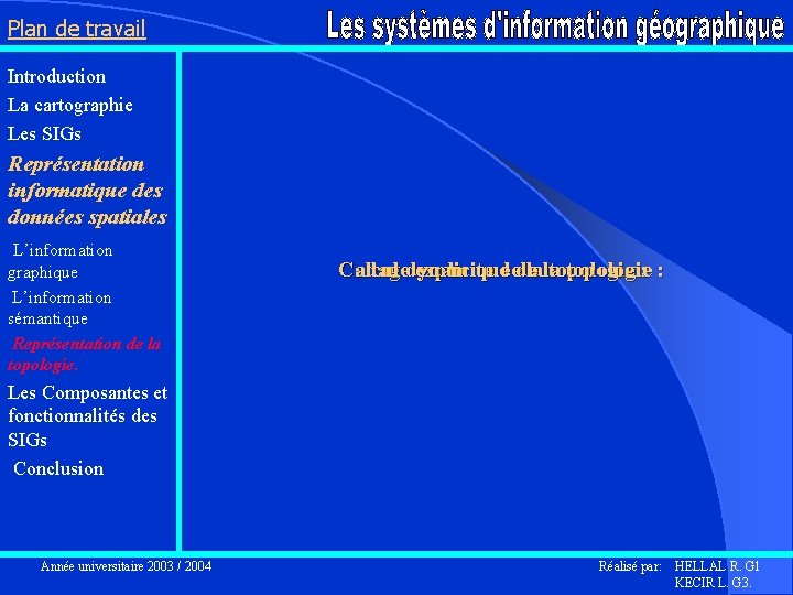 Plan de travail Introduction La cartographie Les SIGs Représentation informatique des données spatiales L’information