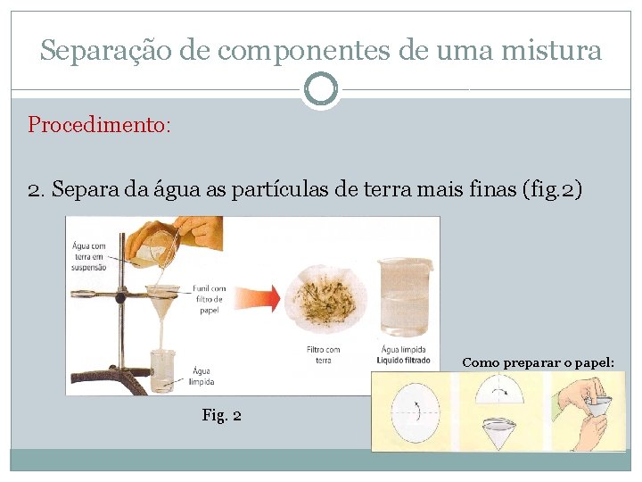 Separação de componentes de uma mistura Procedimento: 2. Separa da água as partículas de