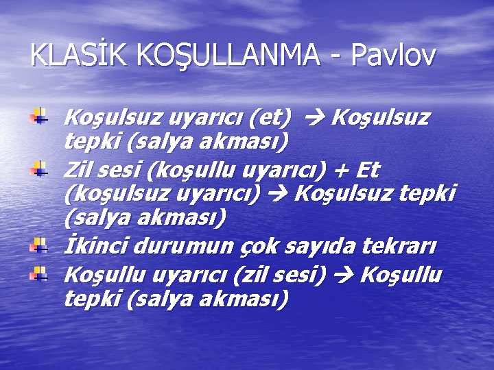 KLASİK KOŞULLANMA - Pavlov Koşulsuz uyarıcı (et) Koşulsuz tepki (salya akması) Zil sesi (koşullu KLASİK KOŞULLANMA - Pavlov Koşulsuz uyarıcı (et) Koşulsuz tepki (salya akması) Zil sesi (koşullu