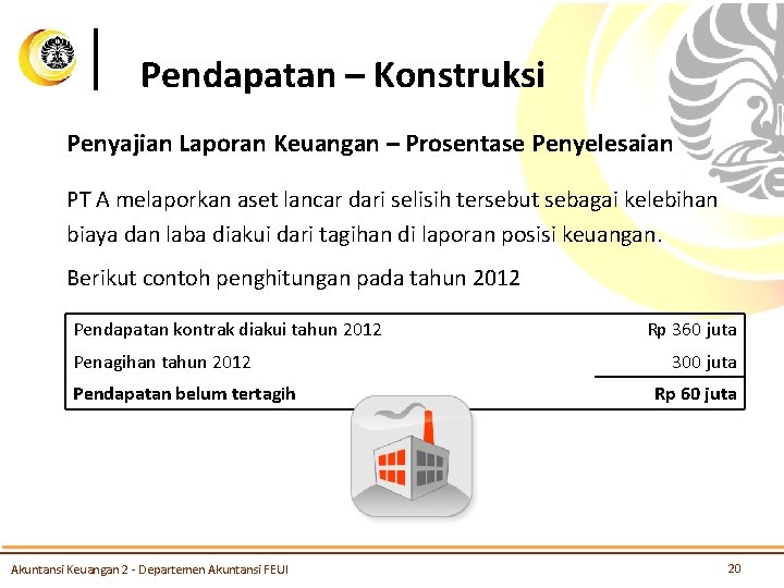 Pendapatan – Konstruksi Penyajian Laporan Keuangan – Prosentase Penyelesaian PT A melaporkan aset lancar