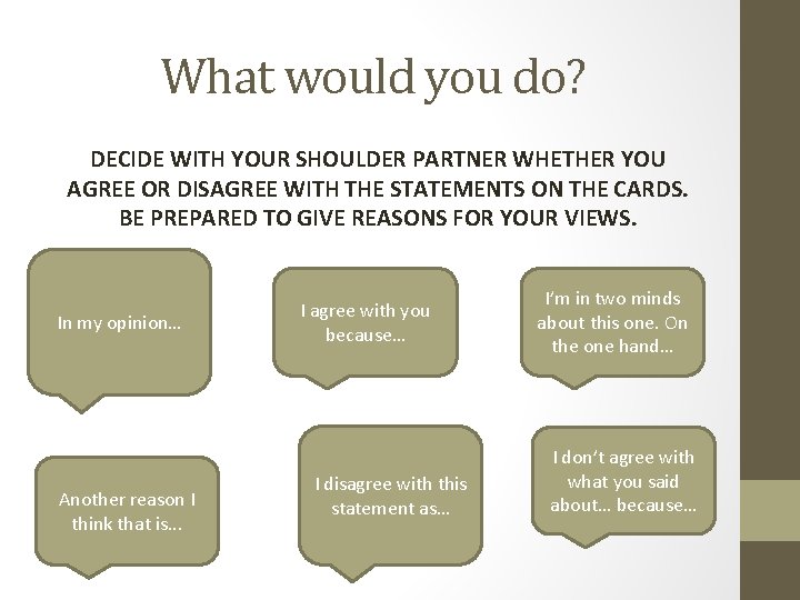 What would you do? DECIDE WITH YOUR SHOULDER PARTNER WHETHER YOU AGREE OR DISAGREE