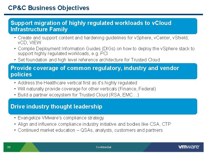 CP&C Business Objectives Support migration of highly regulated workloads to v. Cloud Infrastructure Family CP&C Business Objectives Support migration of highly regulated workloads to v. Cloud Infrastructure Family