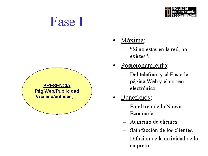 Fase I • Máxima: – “Si no estás en la red, no existes”. •