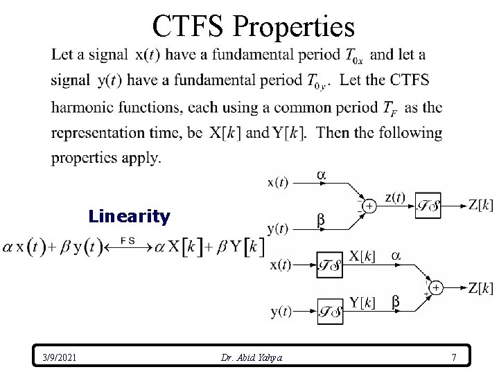CTFS Properties Linearity 3/9/2021 Dr. Abid Yahya 7 