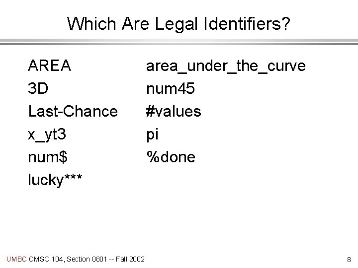 Which Are Legal Identifiers? AREA 3 D Last-Chance x_yt 3 num$ lucky*** UMBC CMSC