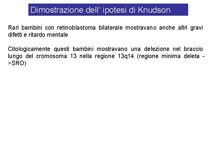 Dimostrazione dell’ ipotesi di Knudson Rari bambini con retinoblastoma bilaterale mostravano anche altri gravi