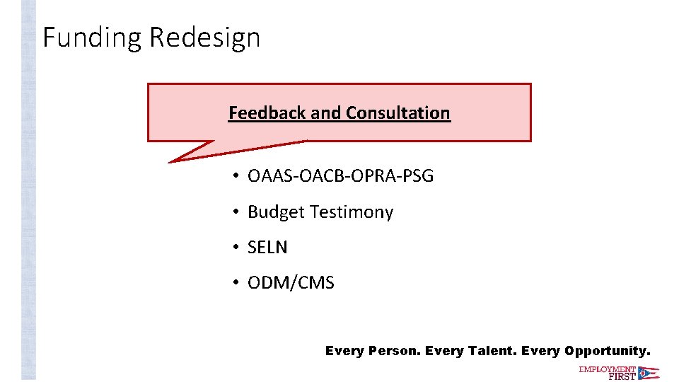 Funding Redesign Feedback and Consultation • OAAS-OACB-OPRA-PSG • Budget Testimony • SELN • ODM/CMS