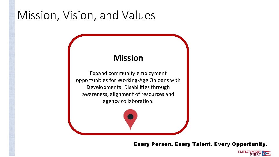 Mission, Vision, and Values Mission Expand community employment opportunities for Working-Age Ohioans with Developmental