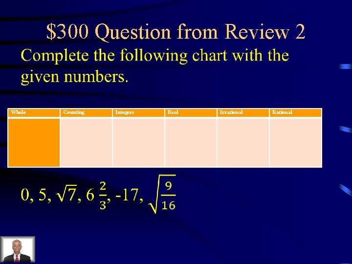 $300 Question from Review 2 Whole Counting Integers Real Irrational Rational 