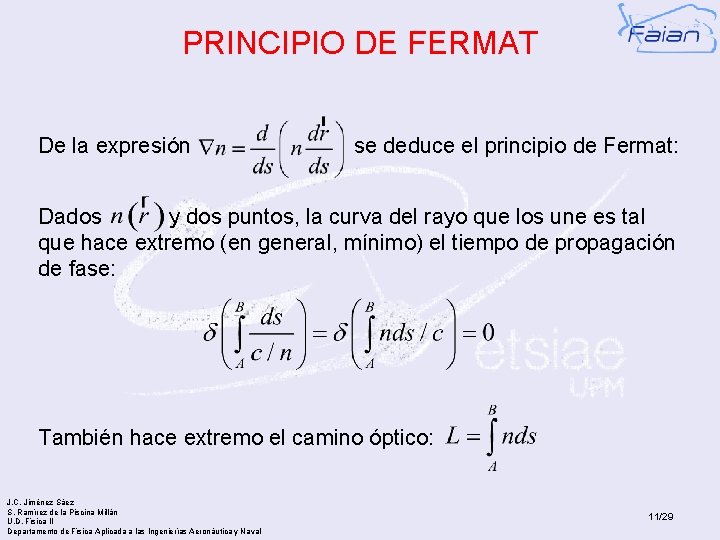 PRINCIPIO DE FERMAT De la expresión se deduce el principio de Fermat: Dados y