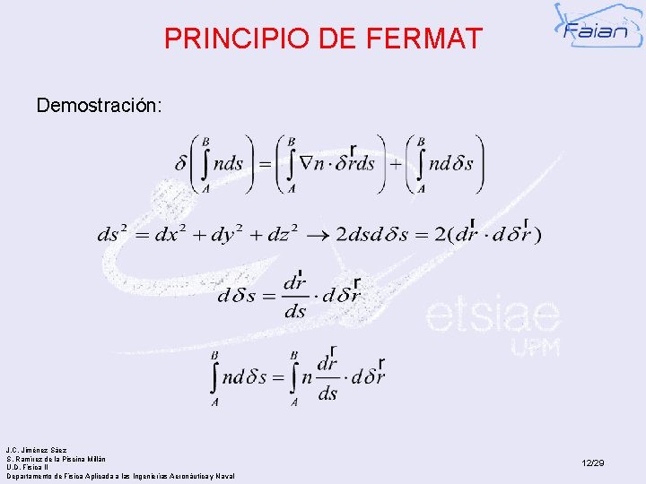 PRINCIPIO DE FERMAT Demostración: J. C. Jiménez Sáez S. Ramírez de la Piscina Millán