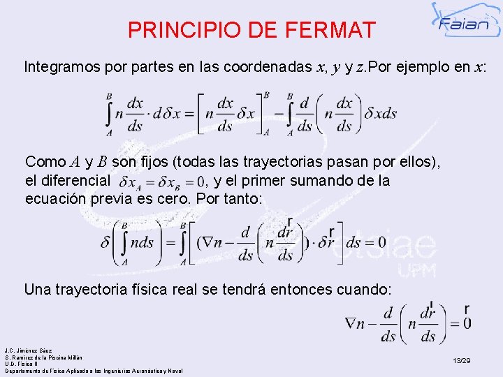 PRINCIPIO DE FERMAT Integramos por partes en las coordenadas x, y y z. Por