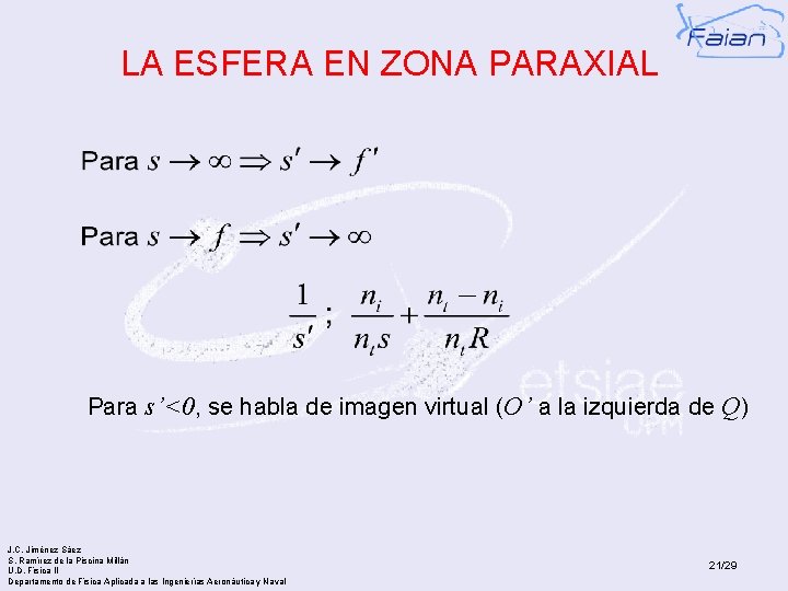 LA ESFERA EN ZONA PARAXIAL Para s’<0, se habla de imagen virtual (O’ a