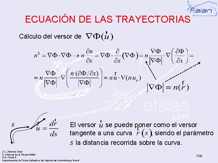 ECUACIÓN DE LAS TRAYECTORIAS Cálculo del versor de s El versor se puede poner