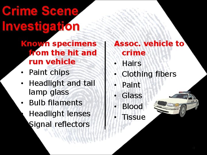 Crime Scene Investigation Known specimens from the hit and run vehicle • Paint chips Crime Scene Investigation Known specimens from the hit and run vehicle • Paint chips